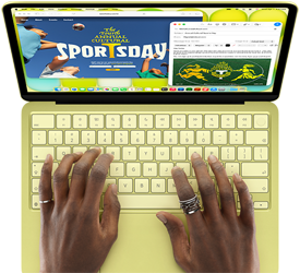 MacBook Neo, citrus colour, hands on keyboard, user is composing an email invitation to the opening of a sports event, website for the event open alongside