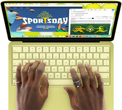 MacBook Neo, citrus colour, hands on keyboard, user is composing an email invitation to the opening of a sports event, website for the event open alongside