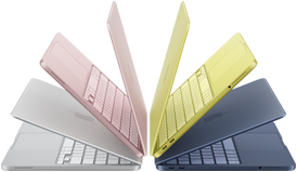 MacBook Neo-laptops in de kleuren Zilver, Blos, Citrus en Indigo, een klein beetje geopend en in een boog gerangschikt
