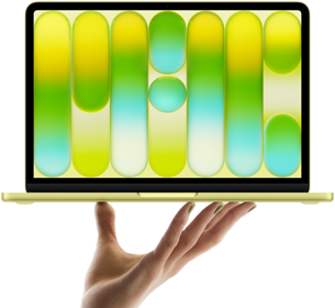 MacBook Neo in de kleur Citrus, balancerend op de vingertoppen van een open hand, op het scherm wordt een kleurrijk abstract patroon weergegeven